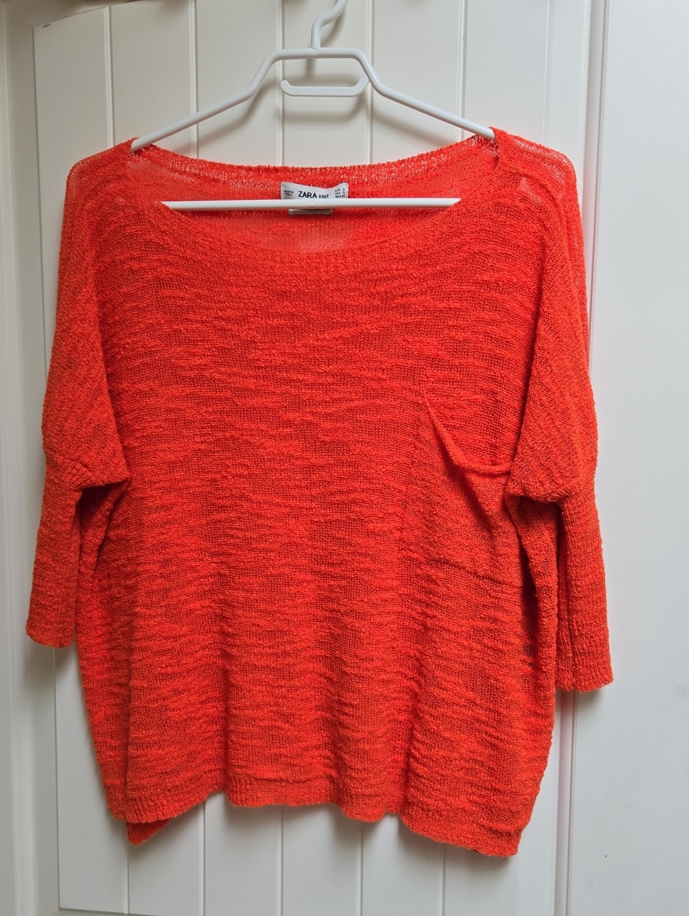Zara Neon Bright Orange Loose Knit Pattern Pullover Women Small 1/2 Sleeve